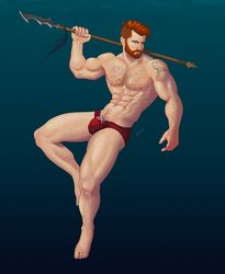 1boy abs bara beard biceps blue_background blue_eyes bulge chest_hair facial_hair flexing gabo_artist hairy hairy_chest hairy_male holding_object holding_weapon human human_only light-skinned_male light_skin male male_focus male_only muscle muscles muscular muscular_male pecs pubic_hair red_hair red_underwear six_pack solo solo_focus solo_male tattoo thick_thighs topless underwater underwear_only