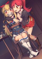 2girls absurdres aikatsu! aikatsu!_(series) arm_around_neck arms_behind_back artist_name bangs black_jacket blonde_hair blue_jacket blue_legwear blush bondage boots bound bound_ankles bound_arms bow bowtie breast_grab breasts brown_footwear buttons chair clothing commentary commission controller crotch_rope door english_commentary eyebrows_visible_through_hair femdom footwear_bow frilled_legwear full_body fully_clothed gag gagged grabbing hairbow hand_up happy high_heels highres holding_remote_control hoshimiya_ichigo improvised_gag indoors jacket juliet_sleeves kaddo knee_boots kneehighs leaning_forward legs_together long_hair long_sleeves looking_at_another looking_down miniskirt multiple_girls neck_ribbon nervous on_chair open_mouth orange_eyes otoshiro_seira outline panties pantyshot plaid plaid_skirt pleated_skirt pocket ponytail puffy_sleeves red_bow red_eyes red_hair red_neckwear red_ribbon red_skirt remote_control remote_control_vibrator ribbon rope school_uniform sex_toy shiny shiny_hair shirt sidelocks signature sitting skirt small_breasts smile standing stockings sweat table tape tape_gag tears teeth thigh_strap tied_hair tongue underwear upskirt vibrator vibrator_cord vibrator_under_clothes white_footwear white_panties white_shirt white_skirt yuri