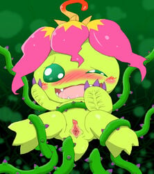 blush bodily_fluids bondage bondage bound claws digimon digimon_(species) fangs female feral flower flower_on_head genitals green_background green_body green_eyes hand_on_face one_eye_closed open_mouth palmon plant pussy restrained saliva simple_background solo spread_legs spread_pussy spreading tentacle thorns unknown_artist vines