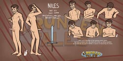 adventurer brown_eyes brown_hair character_sheet drunken_tales english_text erection lord_sarloc male male_focus male_only niles_(drunken_tales) nude original_character penis sword testicles uncensored