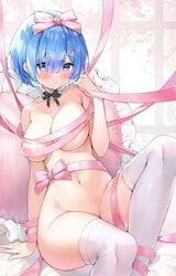 arm_support ayamy bangs black_ribbon blue_eyes blue_hair breasts cleavage collarbone convenient_leg detached_collar eyebrows_visible_through_hair eyelashes female hair_between_eyes hair_ornament hand_up heart heart_pillow highres knee_up large_breasts looking_at_viewer naked_ribbon navel parted_lips pillow pink_ribbon re:zero_kara_hajimeru_isekai_seikatsu rem_(re:zero) ribbon short_hair sitting solo thighhighs thighs white_legwear x_hair_ornament