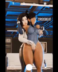 2girls 3d animated arm_sleeves arm_under_breasts asami_sato avatar_legends bare_hips bare_shoulders big_breasts bikini black_hair blender blue_nail_polish blue_nails breasts business_suit busty canon_couple child_bearing_hips cleavage clothing compliment crisisbeat curvy dancing dark-skinned_female dark_skin dress_shirt eyeshadow female female_only fingering fingernails footwear groping_from_behind handwear happy high_ponytail hips human korra large_breasts light-skinned_female light_skin lipstick long_hair looking_at_viewer loose_tie muscles muscular muscular_female nail_polish nickelodeon no no_sound nonbender one-piece_swimsuit open_shirt pale-skinned_female pants ponytail recording rubbing_pussy smartphone smile smooth_skin standing streaming swimsuit the_avatar the_legend_of_korra thenaysayer34 thick_legs thick_thighs tie tie_between_breasts tomboy tri_tails video voluptuous water_tribe wide_hips yuri