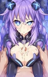 big_breasts blue_eyes bodysuit cleavage clothed_female clothed_female_nude_male clothed_paizuri cum cum_on_breasts female long_hair male male/female merunyaa neptune_(neptunia) neptunia_(series) nipples paizuri penis penis_between_breasts purple_eyes purple_hair purple_heart_(neptunia) solo_female symbol-shaped_pupils