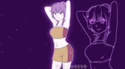 1girls afterimage alternate_costume armpits arms_up artist_name bandeau bangs bare_shoulders bernadetta_von_varley breasts cirno_vevo commentary cowboy_shot female fire_emblem fire_emblem:_three_houses highres me!me!me! medium_breasts midriff navel nintendo parody post-timeskip purple_background purple_eyes purple_hair short_hair_with_long_locks shorts smile solo standing stomach strapless tubetop twitter_username