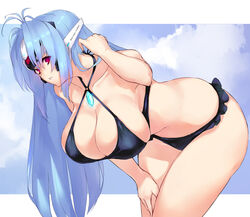 antenna_hair bent_over bikini black_bikini blue_hair breasts cleavage cloud commentary_request criss-cross_halter day female halterneck hanging_breasts headgear highres kos-mos kos-mos_re: large_breasts long_hair looking_at_viewer negresco open_mouth red_eyes sky solo swimsuit xenoblade_(series) xenoblade_chronicles_2 xenosaga