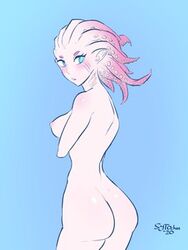 1girls animal_humanoid ass blue_background blue_eyes blush blushing_at_viewer breasts naked octopus octopus_girl pink_eyebrows strange_hair sytokun tentacle_hair watermark