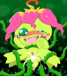 anthro blush bodily_fluids bondage bondage bound claws digimon digimon_(species) ejaculation fangs female flower flower_on_head genital_fluids genitals green_background green_body green_eyes hand_on_face one_eye_closed open_mouth palmon plant pussy pussy_juice restrained saliva simple_background solo spread_legs spread_pussy spreading tentacle thorns unknown_artist vines