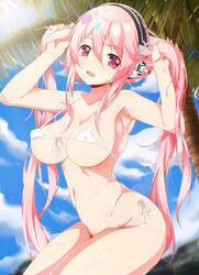 1girls bikini headphones micro_bikini pink_hair sky solo super_sonico white_bikini