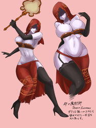 bandeau blue_skin breasts bursting_breasts cleavage colored_skin covered_face curvy dark_souls dark_souls_2 desert_sorceress elbow_gloves fan female female_focus fromsoftware gloves high_heels highres hood huge_breasts large_breasts no_panties pale_skin pink_background shiva_(tairakuten) simple_background smile smoke solo souls_(from_software) strapless thighhighs translation_request tubetop weapon white_skin wide_hips