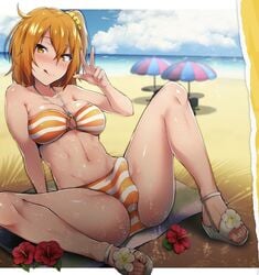 1futa 1girls balls beach bikini breasts bulge clothed clothing erection erection_under_clothes fate/grand_order fate_(series) flower fujimaru_ritsuka_(female) futa_only futanari gudako human ikeshita_moyuko licking_penis mostly_nude orange_eyes orange_hair pale_skin peace_sign penis sitting solo spread_legs swimsuit tongue