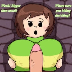 1boy 1girls bgunn big_breasts big_penis brown_hair chara comic english_text female huge_breasts light-skinned_female light_skin paizuri penis tagme undertale video_games