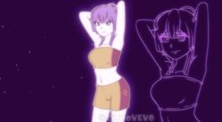 1girls afterimage alternate_costume armpits arms_up artist_name bandeau bangs bare_shoulders bernadetta_von_varley breasts cirno_vevo commentary cowboy_shot female fire_emblem fire_emblem:_three_houses highres me!me!me! medium_breasts midriff navel nintendo parody post-timeskip purple_background purple_eyes purple_hair short_hair_with_long_locks shorts smile solo standing stomach strapless tubetop twitter_username