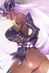 ass bare_shoulders black_legwear black_leotard breasts commentary_request covered_nipples dark-skinned_female dark_skin elbow_gloves female from_behind gloves glowing headgear hijiri large_breasts leotard light_purple_hair lips long_hair looking_at_viewer looking_back parted_lips shiny shiny_clothes shiny_hair shiny_skin solo standing t-elos t-elos_re: teeth thighhighs thong_leotard xenoblade_(series) xenoblade_chronicles_2 xenosaga xenosaga_episode_iii