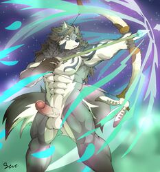 1boy abs absurd_res anthro archer arrow balls bow_(weapon) canid canine canis erection fur genitals grey_body grey_fur hair hi_res male male_only mammal mane mane_hair muscular muscular_anthro muscular_male nude pecs penis ranged_weapon serenaught solo temujin tokyo_afterschool_summoners video_games weapon wolf