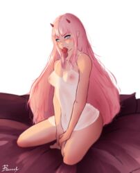 1girls bawdy bed bedroom bedroom_eyes camisole condom condom_in_mouth darling_in_the_franxx dinosaur female green_eyes horn horns humanoid inviting inviting_to_sex kneeling light_skin lingerie long_hair monster_girl no_bra no_panties pink_hair see-through see-through_clothing sitting smile zero_two_(darling_in_the_franxx)