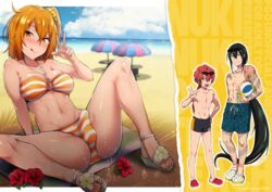 1futa 2boys alexander_(fate/grand_order) balls beach bikini breasts bulge clothed clothing fate/grand_order fate_(series) female flower fujimaru_ritsuka_(female) futa_focus futanari gudako human ikeshita_moyuko licking_lips looking_at_viewer male mostly_nude orange_hair pale_skin penis sitting solo_focus spread_legs swimsuit yan_qing_(fate/grand_order)