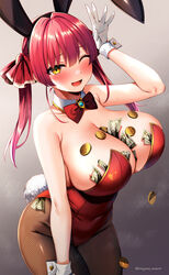 big_breasts bunnysuit coins gloves hololive houshou_marine huge_breasts large_breasts marota_(imyme_maro) massive_breasts money object_between_breasts pantyhose red_hair thick top_heavy virtual_youtuber voluptuous yellow_eyes