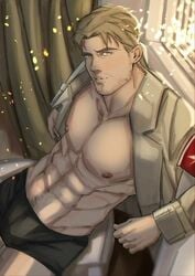 1boy attack_on_titan big_nose big_pecs big_penis blonde_hair breasts eldian_armband male_only marley_military_uniform muscular_male pectorals pubic_hair reiner_braun shingeki_no_kyojin tagme yellow_eyes