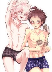 2boys ahoge ambiguous_gender armpits bare_shoulders blush boxers danganronpa danganronpa_2:_goodbye_despair flower half_naked hand_on_shoulder hand_up hinata_hajime holding holding_money leg_up lifting_leg looking_at_viewer looking_back male_only money money_hold moobs mouth_open multiple_boys nagito_komaeda nervous short_hair smooth_skin stripes sweatdrop underwear white_skin yaoi ちわわん