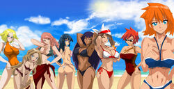 8girls aged_up alternate_bandana_color ass bandana beach bianca_(pokemon) big_breasts bikini blonde_hair blue_eyes blue_hair breasts brown_eyes brown_hair clear_sky dark-skinned_female dark_blonde_hair dawn_(pokemon) drink fallere825 female female_only fit_female glasses green_eyes group gym_leader iris_(pokemon) light-skinned_female light_blue_eyes long_hair looking_at_viewer looking_back may_(pokemon) misty_(pokemon) multiple_girls nintendo one-piece_swimsuit orange_hair pink_eyes pink_hair pokemon pokemon_(anime) pokemon_bw pokemon_bw2 pokemon_dppt pokemon_frlg pokemon_gsc pokemon_hgss pokemon_protagonist pokemon_rgby pokemon_rse pokemon_xy purple_hair red_frame_glasses red_hair ringlets serena_(pokemon) short_hair smile smiling smiling_at_viewer sunglasses swimsuit thick_thighs tinted_eyewear ursula_(pokemon) voluptuous white_bandana wide_hips zoey_(pokemon)