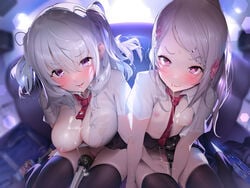 2girls blush breasts cat_smile cum gray_hair kaede_(sayappa) long_hair multiple_girls nipples no_bra non-web_source oerba_yun_fang open_shirt original panties pantsu purple_eyes school_uniform see_through short_hair skirt skirt_lift tegurayuki thighhighs underwear wet_clothes