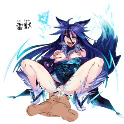 1boy :d absurdres ahoge animal_ears blue_hair blush breasts breasts_out cowgirl_position cum cum_in_pussy electricity female heart highres long_hair monster_girl monster_girl_encyclopedia nakadashikaze nipples open_mouth penis pussy raiju_(monster_girl_encyclopedia) raijuu_(monster_girl_encyclopedia) saliva self_fondle sex simple_background smile solo_focus spread_legs squatting_cowgirl_position straddling straight tail tongue tongue_out vaginal_penetration white_background