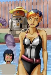 1girls 2boys blue_hair breasts brown_eyes cleavage dastigy ezra_bridger female_focus garazeb_orrelios hi_res looking_at_viewer love medium_breasts one-piece_swimsuit open_mouth pose sabine_wren short_hair smile spread_legs star_wars star_wars_rebels swimsuit third-party_edit