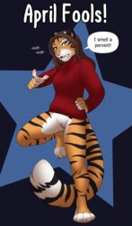 alex_marx angry anthro april_fools bottomless claws clothed clothing digital_media_(artwork) english_text fangs felid female fluffy fluffy_tail fur genitals gesture hair hi_res jailbird looking_at_viewer machairodontine mammal pantherine panties partially_clothed paws pointing pointing_at_viewer pussy raised_leg sabertooth_(anatomy) scolding scrunchy_face simple_background smile smiling_at_viewer sniffing solo solo_focus speech_bubble stripes text tiger topwear turtleneck turtleneck_sweater underwear white_body white_fur