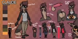 anthro ass bottomwear claude_(claudeartz) claudeartz clothing demon domestic_ferret food genitals hi_res male mammal model_sheet mustela mustelid musteline pants pawpads paws penis punk shirt swimwear topwear true_musteline waffle