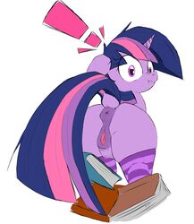 ! animal_genitalia animal_pussy anus ass blue_hair blue_tail book clothing equid equine equine_pussy female feral footwear friendship_is_magic fur genitals hair hasbro hi_res horn horse legwear looking_at_viewer looking_back mammal multicolored_hair multicolored_tail my_little_pony pattern_clothing pattern_footwear pattern_legwear pattern_socks ponerino pony purple_body purple_eyes purple_fur pussy rear_view short_hair simple_background smile smirk socks solo striped_clothing striped_footwear striped_socks stripes twilight_sparkle_(mlp) unicorn white_background