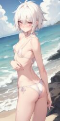 ai_generated ass_focus bikini blush blush embarrassed flat_chest micro_bikini pink_eyes short_hair shy small_breasts tomboy tsundere turning_around white_hair