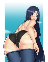 ass black_hair black_panties blue_eyes blush breasts cameltoe irelia_xan kinfrb league_of_legends looking_at_viewer looking_back nipples panties pants_down pants_pull presenting presenting_hindquarters sweat tagme topless