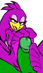 anthro avian beak blue_eyes eyelashes foot_ninja15 footjob green_body hair hawk jet_the_hawk jetave penis purple_body purple_feathers purple_hair romantic romantic_couple sonic_(series) sonic_riders swallow swallow_(bird) wave_the_swallow