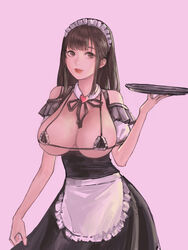 1girls asian black_hair breasts brown_eyes brown_hair cakee cleavage female female_only fringe highres hime_cut large_breasts long_hair looking_at_viewer maid maid_bikini maid_headdress maid_uniform original pale-skinned_female petite platter red_lipstick