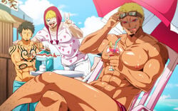 3boys age_difference areola areolae barefoot beach beach_umbrella beard black_hair blonde_hair blue_pants blue_sky chullo clothed clothing cloudy cloudy_sky donquixote_doflamingo donquixote_rosinante drink drink_in_hand earrings feet_out_of_frame gay glasses glasses_on_head gold_ear_ring gold_earring gold_earrings golden_earrings hairy_legs hand_on_another's_shoulder hand_on_glasses hand_on_shoulder light-skinned light-skinned_male light_skin male male_only muscular muscular_male nipples no_panties no_shirt no_shoes one_piece pants peace_sign pink_nipples pink_shirt pink_tongue public_topless red_swimsuit red_swimwear shirt shirtless shirtless_(male) shirtless_male shoes_removed short_hair shorts six_pack size_difference smile smiling smirk smirking sunglasses sweat sweatdrop sweaty swimsuit swimwear tan tan-skinned_male tan_skin tattoo tattoos tongue tongue_out trafalgar_law umbrella white_shorts yaoi yellow_earrings yellow_hair ygyg2200