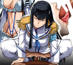 1boy 1girls athletic_female bakkanki bar_censor big_breasts black_hair blush boots breasts busty censored closed_eyes clothed_sex cowgirl_position epaulettes fellatio female female_focus fit_female high_heels junketsu kill_la_kill kiryuuin_satsuki large_breasts licking long_hair male male/female male_pov multiple_persona oral penis pleated_skirt pov school_uniform sex skirt stockings straddling straight sweat teenage_girl teenager thick_eyebrows thick_thighs thigh_boots thighhighs vaginal_penetration white_legwear