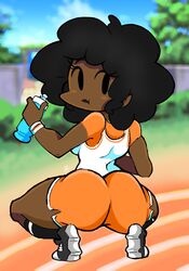 afro basketball_uniform big_ass carol_(bbpanzu) carol_(friday_night_funkin) dark-skinned_female dark_eyes dark_hair dark_skin dat_ass friday_night_funkin friday_night_funkin_mod looking_back mob_face shoes shorts socks squatting vs_carol_(fnf_mod) water_bottle