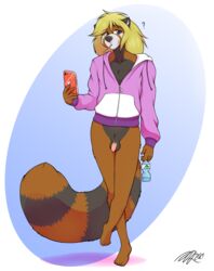 2021 ? absurd_res ailurid anthro balls blonde_hair blue_eyes bottomless cellphone clothed clothing eyebrow_through_hair eyebrows fiercedeitylynx flaccid fur furry furry_only genitals girly green_eyes hair heterochromia hi_res holding_cellphone holding_object holding_phone holding_smartphone jacket long_hair looking_at_viewer male male_only mammal partially_clothed penis phone red_panda signature smartphone solo standing striped_tail stripes tail tobias_(fiercedeitylynx) topwear translucent translucent_hair water_bottle