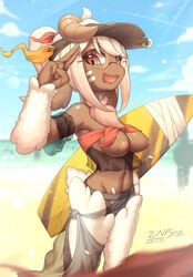 absurd_res bandage beach breasts brown_body brown_skin female hi_res hichuena_(zinfyu) horn humanoid looking_at_viewer nipple_slip nipples pink_eyes sakura_hichuena seaside sheep smile surfboard surfing wool_(disambiguation) zinfyu