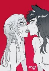 2girls animal_ears animal_humanoid black_hair blake_belladonna blush breasts cat_ears cat_humanoid female female/female female_focus female_only kissing looking_at_viewer messy_hair naked red_background rwby sketch small_breasts sweat sweatdrop sytokun tagme tongue tongue_kiss tongue_kissing uncolored weiss_schnee white_hair yuri