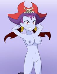 1girls breasts earrings female hands_behind_head hat luckster1234 naked nipples nude pirate_hat purple_hair purple_skin pussy risky_boots shantae short_hair smooth_skin solo vagina