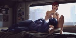 2girls 3d alien_girl areolae asari blue_skin breasts commander_shepard couple feet female female_only femshep freckles highres liara_t'soni lying_on_person major_guardian mass_effect nipples nude nude_female red_hair short_hair smile wholesome yuri