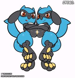 absurd_res anus ass big_breasts blue_body breasts canid canine digital_media_(artwork) duo female female/female female_only feral genitals hi_res looking_at_viewer mammal nintendo nude open_mouth pawpads paws pokémon_(species) pokemon pussy riolu simple_background smiling_at_viewer spaca symmetrical_docking video_games yuri