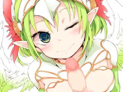 blush breasts censored closed_mouth feathered_wings female green_eyes green_hair highres looking_at_viewer ls-lrtha mosaic_censoring one_eye_closed original penis pointy_ears pov short_hair solo_focus wings