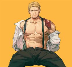 1boy abs attack_on_titan big_pecs blonde_hair eldian_armband eldian_flag male male_only maotengo muscular_male pectorals reiner_braun shingeki_no_kyojin solo tagme yellow_eyes