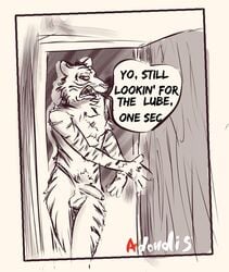 absurd_res adondis anthro balls beastars bill_(beastars) digital_media_(artwork) door erection felid fur genitals hair hi_res male mammal nude open_mouth opening_door pantherine penis solo stripes text tiger