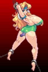 angry ankle_cuffs arched_back arms_above_head arms_up ass blonde_hair bondage bound bound_ankles bound_wrists breasts celes_chere chains cleavage clothed cuffs dildo edit final_fantasy final_fantasy_vi helpless humiliation leaking_cum leotard long_hair panties_aside pixel_art pussy_juice rape restrained sex_slave sideboob slave vaginal_penetration yumurama