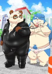 2021 absurd_res anthro blue_body blue_fur brown_body brown_fur bulge canid canine canis chains clothed clothing collar detailed_background domestic_dog duo eyewear fur giant_panda glasses green_eyes hi_res kemono leash male mammal outside overweight overweight_male rodemaru underwear ursid