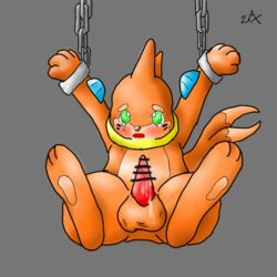 blush buizel censored chained_up chains crying furry green_eyes grey_background male male_only no_humans orange_fur pokemon pokemon_dppt solo split_tail tears zax_(artist)