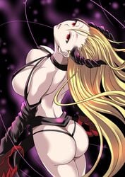 1girls ass ass_cleavage big_breasts blonde_hair blush breasts butt_crack claws empty_eyes female floating_hair from_behind game_cg highres horns large_breasts legs legs_together long_hair looking_up milf nuko_majin parted_lips red_eyes revealing_clothes simple_background solo standing tearju_lunatique thighs to_love-ru to_love-ru_darkness